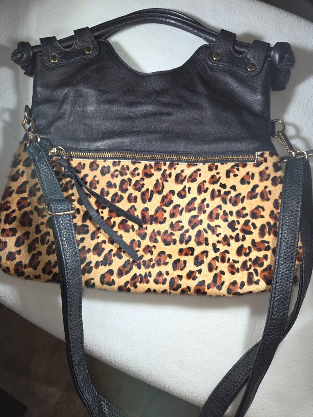 Luciana Verde Black Leather & Leopard Print Calf Hair Convertible Hobo Shoulder